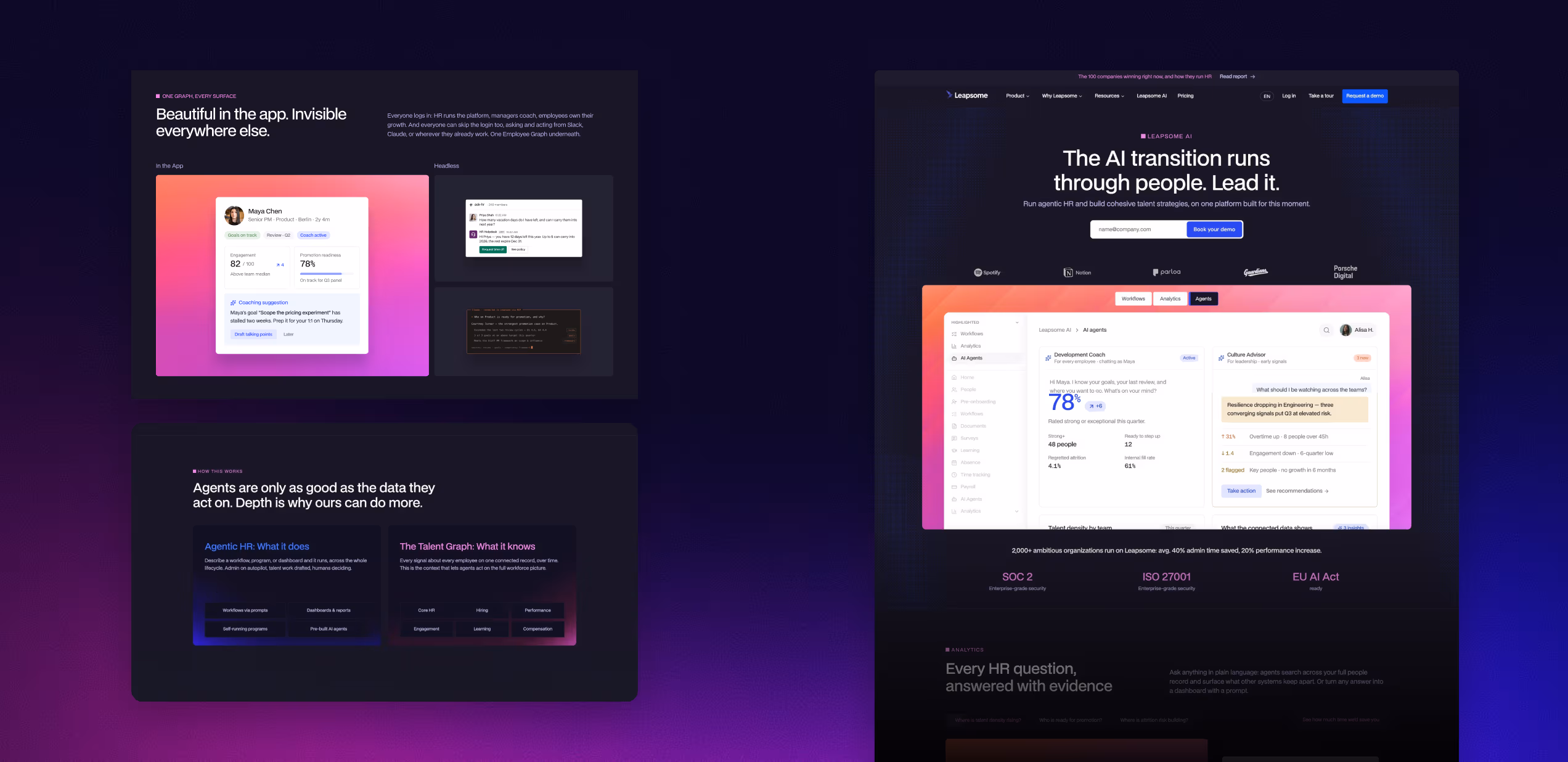 Leapsome website redesign: pages in the dark theme